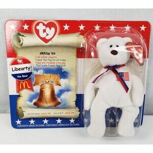 TY McDonald's Beanie Baby " Libearty the Bear " with printing errors 1996 Sealed